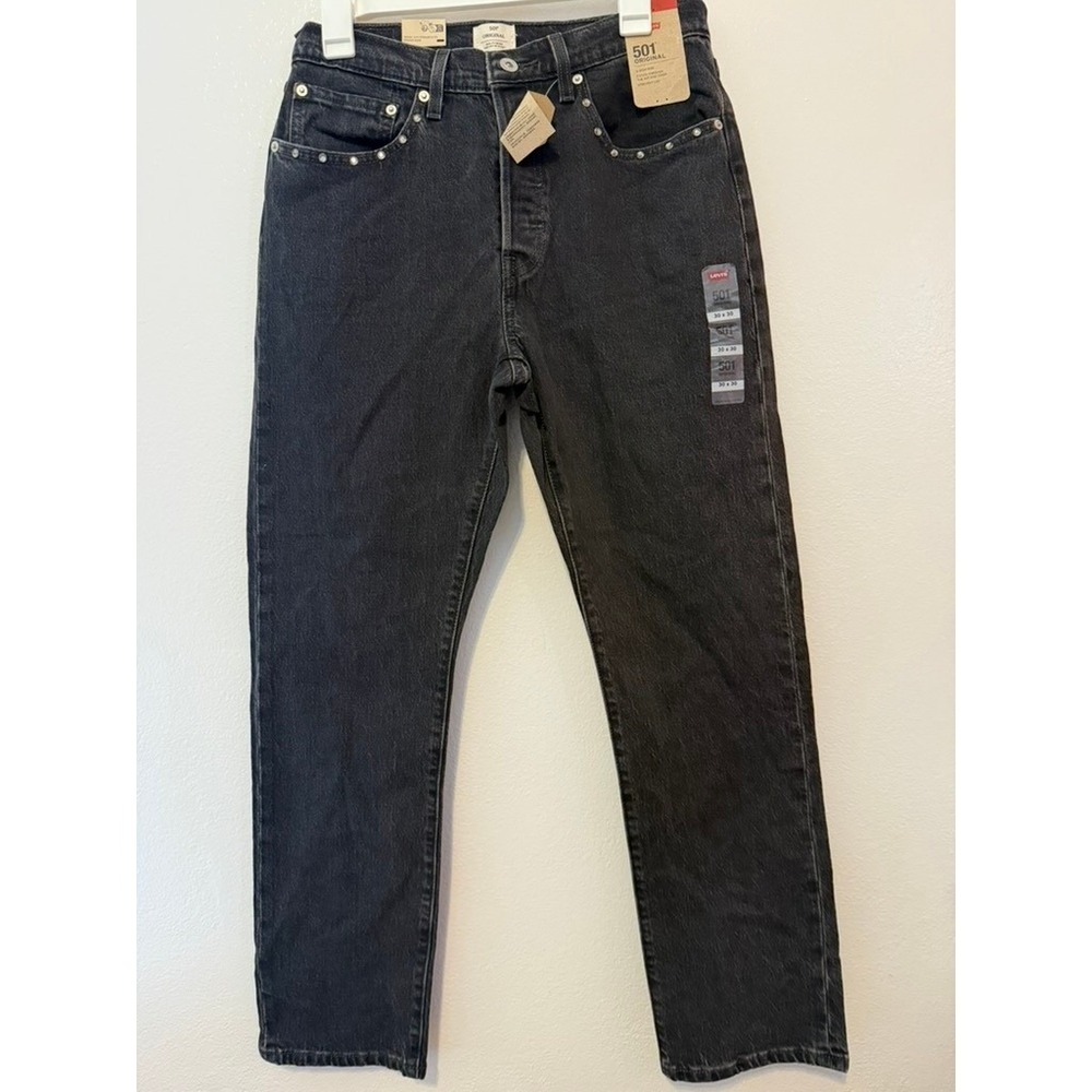 Levis 501 Original High Rise Straight Leg Studded Jeans Black 30x30 NEW